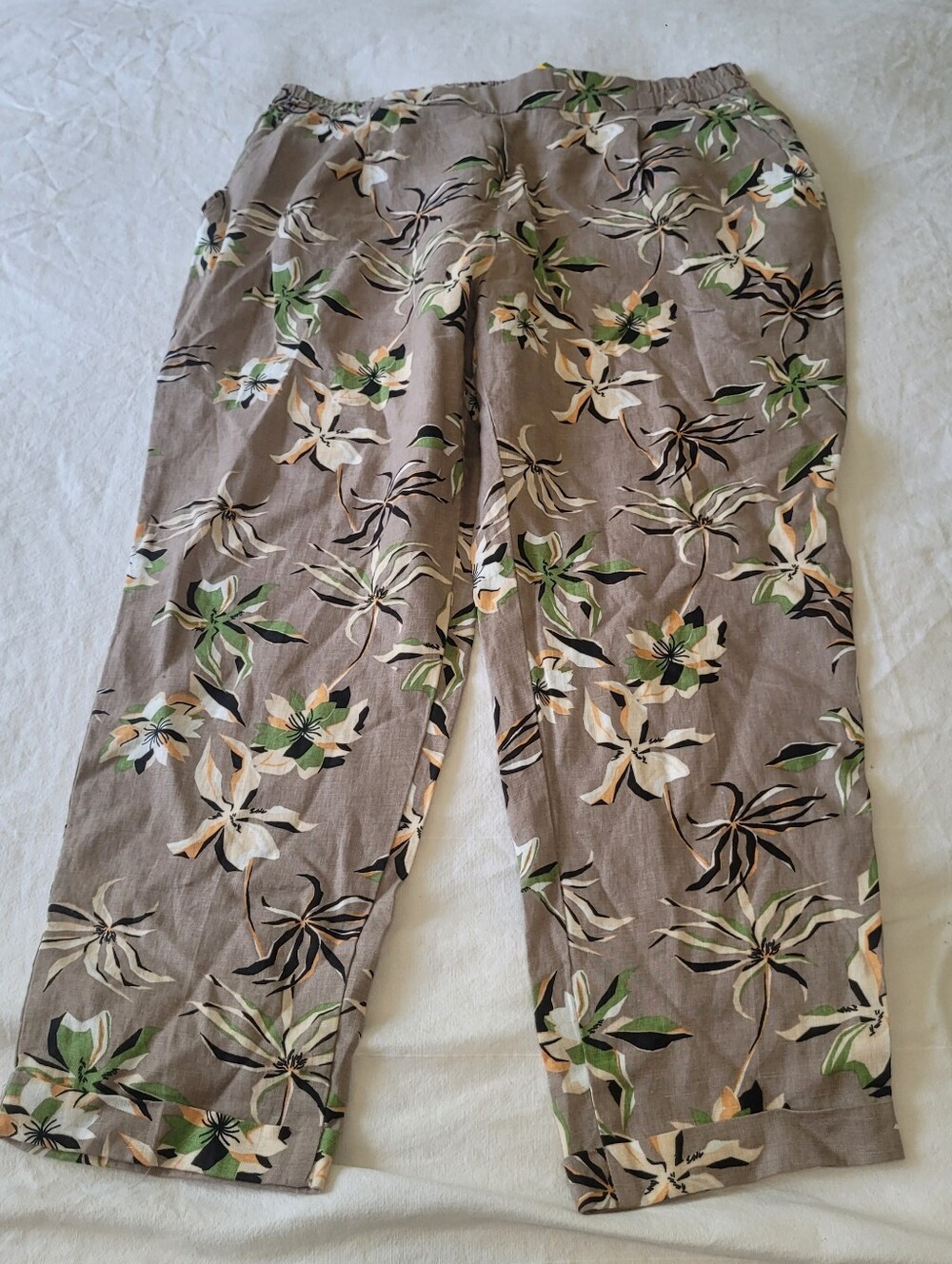 United Colors of Benetton Linen Tapered Pants Mushroom Gray Floral Print Cropped